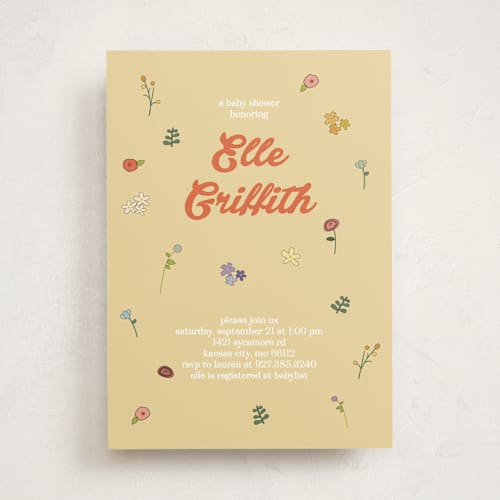 This is a daffodil baby shower invitations with standard by Felicia Balestrere called modern peach floral printing on signature in standard