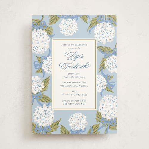 This is a blue bell baby shower invitations with standard by Jackie Crawford called hydrangea bow bouquets printing on signature in standard