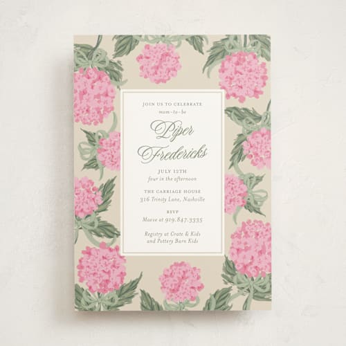 This is a petal baby shower invitations with standard by Jackie Crawford called hydrangea bow bouquets printing on signature in standard
