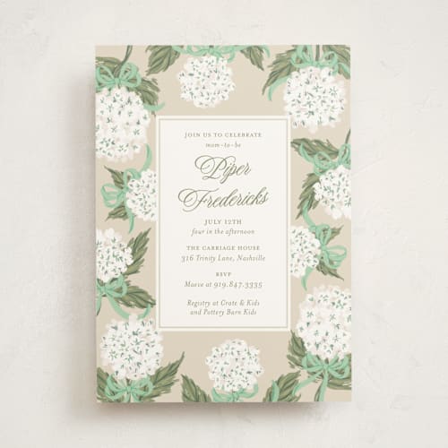 This is a mint baby shower invitations with standard by Jackie Crawford called hydrangea bow bouquets printing on signature in standard