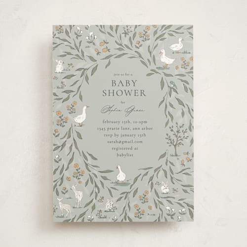 This is a mint baby shower invitations with standard by Melissa Johnson called meadow friends printing on signature in standard