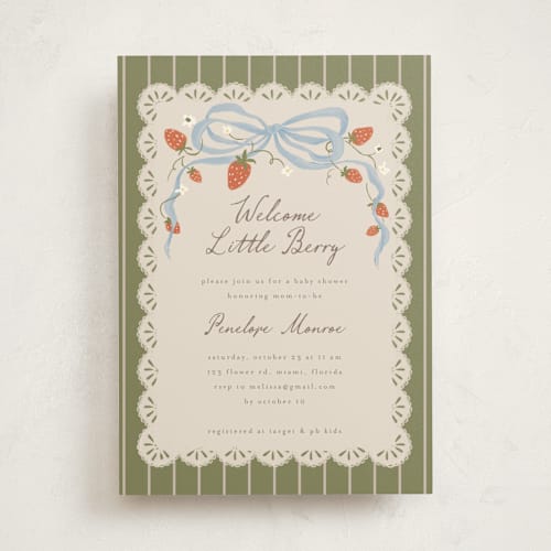 This is a leaf baby shower invitations with standard by Vera Lim called little berry printing on signature in standard