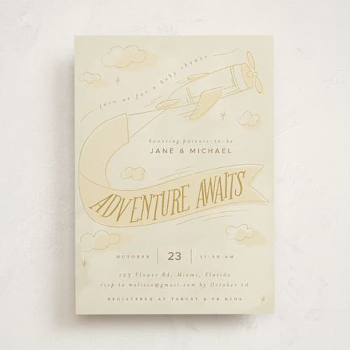 This is a mustard baby shower invitations with standard by Vera Lim called fly with me printing on signature in standard