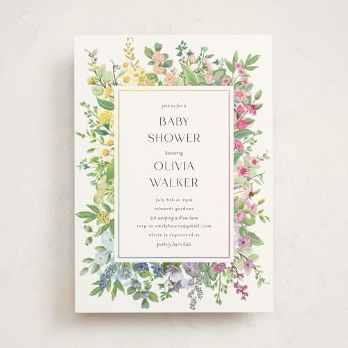 This is a cotton baby shower invitations with standard by Susan Moyal called flower garden printing on signature in standard