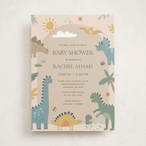 This is a tan baby shower invitations with standard by Britt called baby dino printing on signature in standard