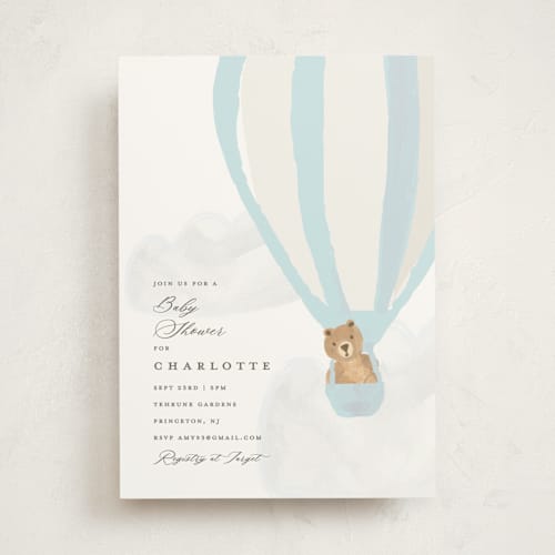 This is a blue berry baby shower invitations with standard by Teju Reval called hot air balloon bear printing on signature in standard