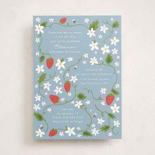 This is a blueberry baby shower invitations with standard by Hudson meet Rose called berry sweet printing on signature in standard