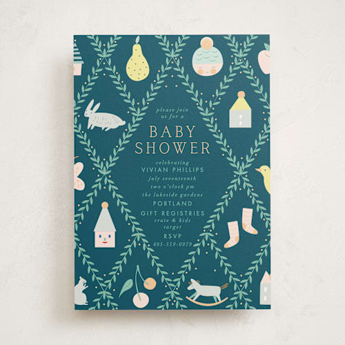 This is a hunter baby shower invitations with standard by Eve Schultz called trellis printing on signature in standard