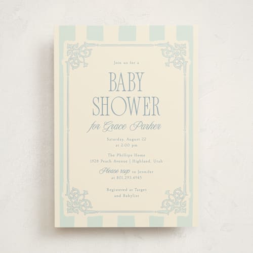 This is a powder baby shower invitations with standard by Robert and Stella called french frame printing on signature in standard