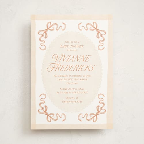 This is a tangerine baby shower invitations with standard by Jackie Crawford called doodle bow frame printing on signature in standard