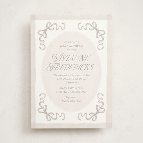 This is a wool baby shower invitations with standard by Jackie Crawford called doodle bow frame printing on signature in standard
