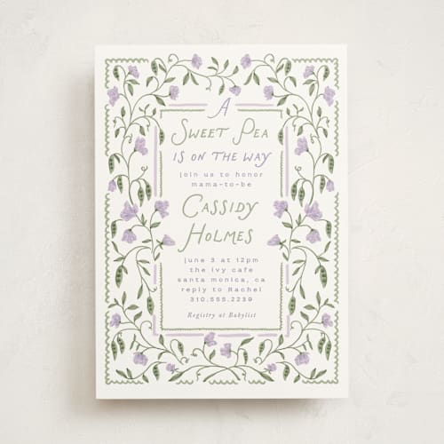 This is a lilac baby shower invitations with standard by Leah Bisch called sweet pea printing on signature in standard