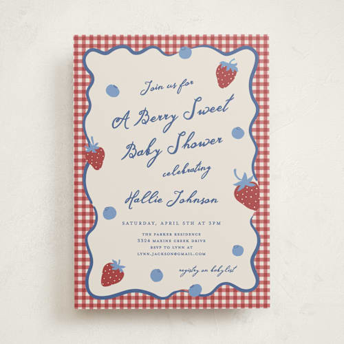 This is a barn baby shower invitations with standard by Kelly Watkins called so berry sweet printing on signature in standard