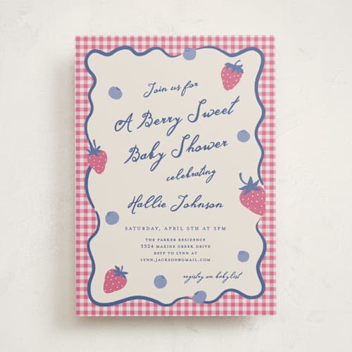 This is a candy baby shower invitations with standard by Kelly Watkins called so berry sweet printing on signature in standard