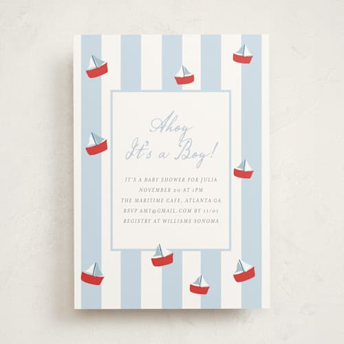 This is a periwinkle baby shower invitations with standard by Angela Thompson called sail boats baby printing on signature in standard
