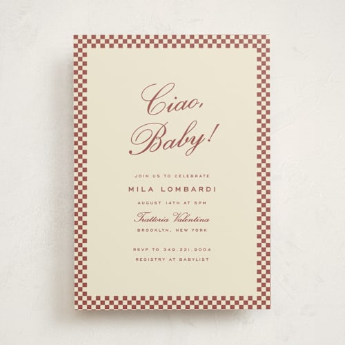 This is a burgundy baby shower invitations with standard by Ellen Schlegelmilch called ciao, baby! printing on signature in standard