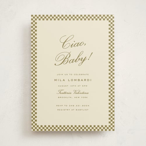 This is a olive baby shower invitations with standard by Ellen Schlegelmilch called ciao, baby! printing on signature in standard