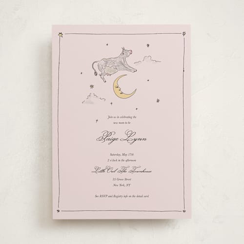 This is a blush baby shower invitations with standard by Noun New York called the cow jumped over the moon printing on signature in standard