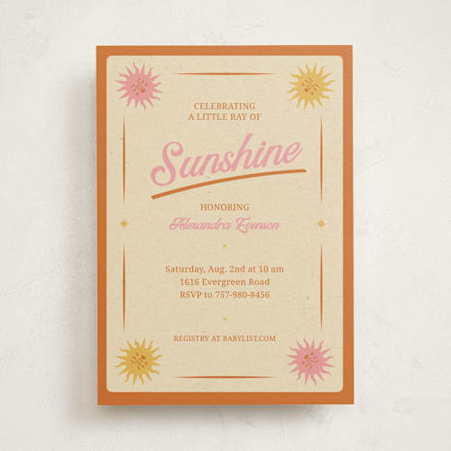 This is a poppy baby shower invitations with standard by Leish called little ray of sunshine printing on signature in standard