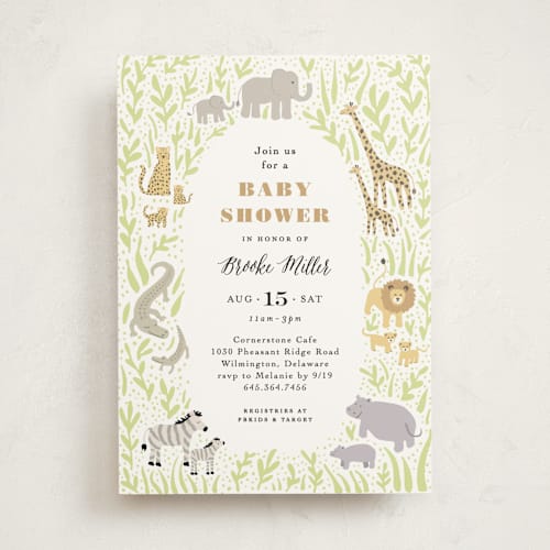 This is a sage baby shower invitations with standard by Jennifer Wick called savannah animals printing on signature in standard