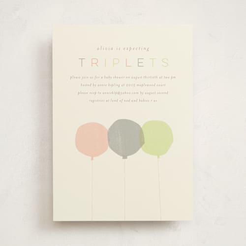 This is a cobalt baby shower invitations with standard by Lori Wemple called triplets printing on signature in standard