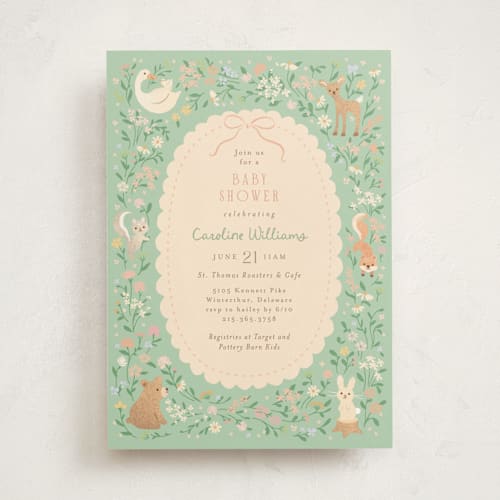This is a mint baby shower invitations with standard by Jennifer Wick called garden animals printing on signature in standard