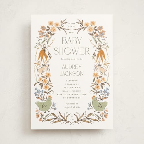 This is a cream baby shower invitations with standard by Vera Lim called whimsical frame printing on signature in standard