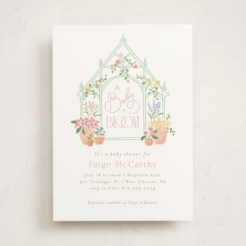 This is a strawberry baby shower invitations with standard by Jennifer Wick called petite greenhouse printing on signature in standard
