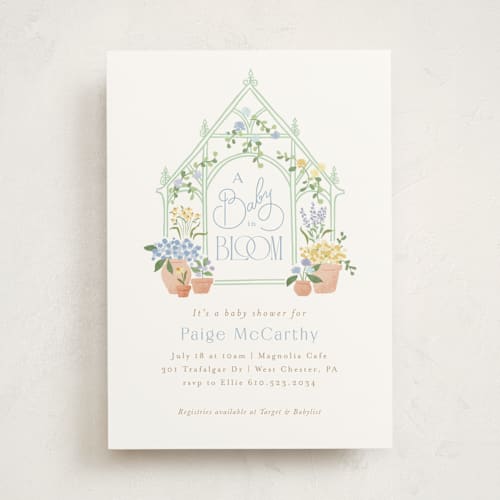 This is a blueberry baby shower invitations with standard by Jennifer Wick called petite greenhouse printing on signature in standard