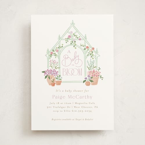 This is a lavender baby shower invitations with standard by Jennifer Wick called petite greenhouse printing on signature in standard