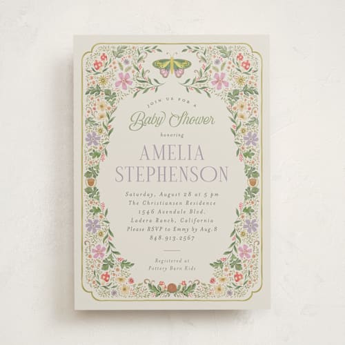 This is a periwinkle baby shower invitations with standard by Joanna Griffin called vintage butterfly printing on signature in standard