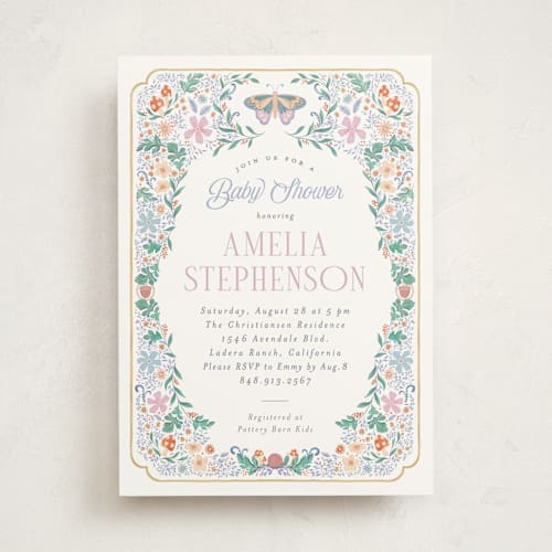 This is a marshmallow baby shower invitations with standard by Joanna Griffin called vintage butterfly printing on signature in standard