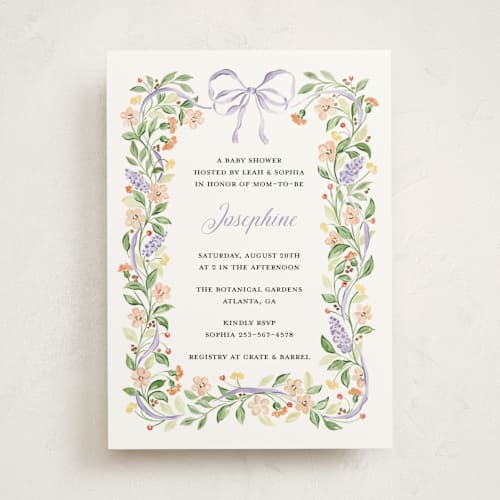 This is a lavender baby shower invitations with standard by Sarah Knight called garden ribbon printing on signature in standard