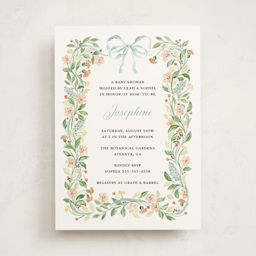 This is a sage baby shower invitations with standard by Sarah Knight called garden ribbon printing on signature in standard