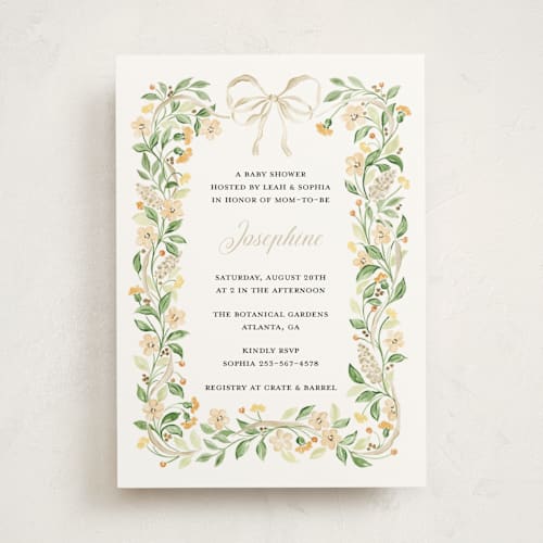 This is a oat baby shower invitations with standard by Sarah Knight called garden ribbon printing on signature in standard