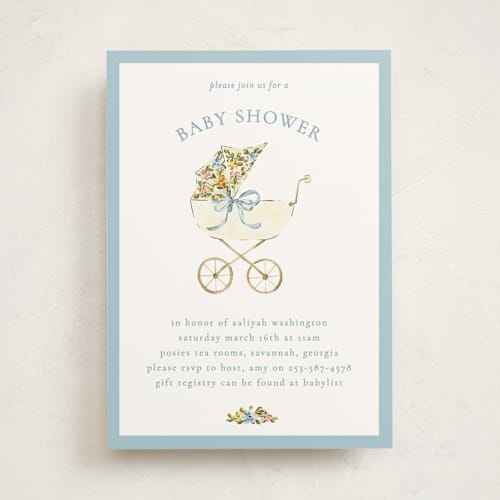This is a sky baby shower invitations with standard by Sarah Knight called pram printing on signature in standard