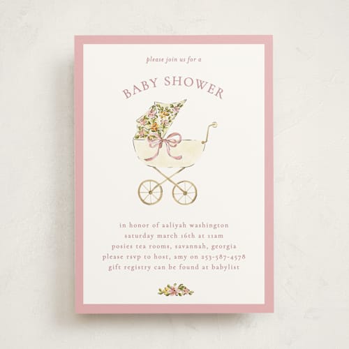 This is a rose baby shower invitations with standard by Sarah Knight called pram printing on signature in standard