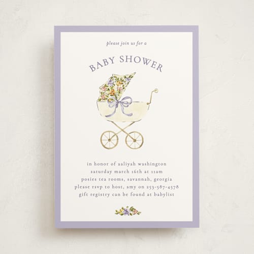 This is a wisteria baby shower invitations with standard by Sarah Knight called pram printing on signature in standard