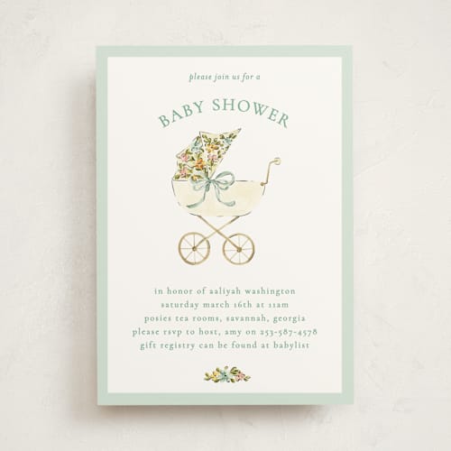 This is a sage baby shower invitations with standard by Sarah Knight called pram printing on signature in standard