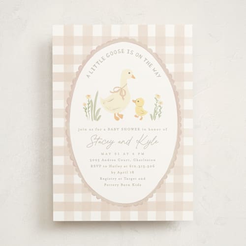 This is a mocha baby shower invitations with standard by Creo Study called vintage goose printing on signature in standard