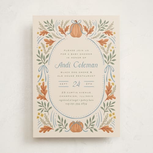 This is a cornflower baby shower invitations with standard by Laura Hankins called pumpkins + bows printing on signature in standard