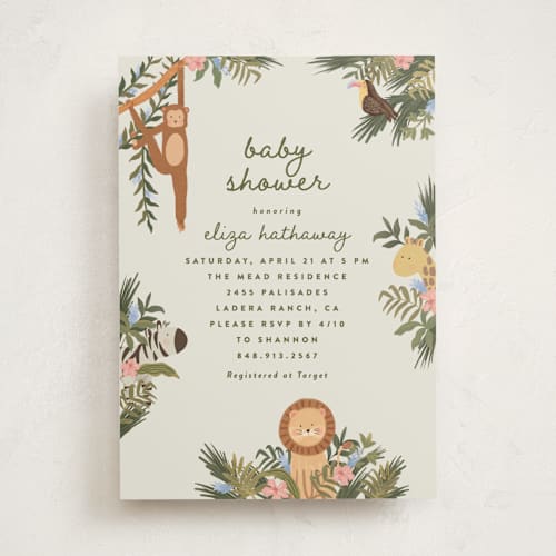 This is a moss baby shower invitations with standard by Joanna Griffin called jungle animals printing on signature in standard