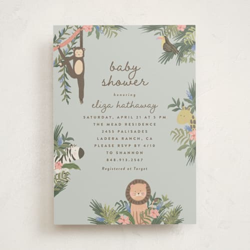 This is a pond baby shower invitations with standard by Joanna Griffin called jungle animals printing on signature in standard