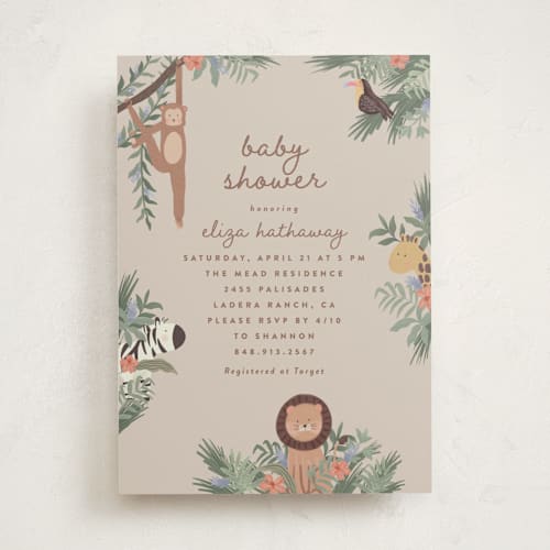 This is a khaki baby shower invitations with standard by Joanna Griffin called jungle animals printing on signature in standard