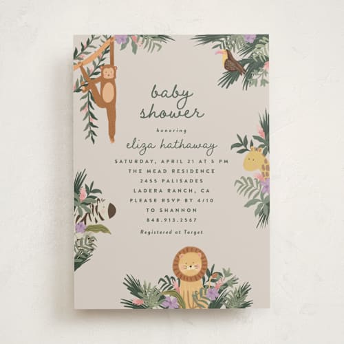 This is a amarylis baby shower invitations with standard by Joanna Griffin called jungle animals printing on signature in standard