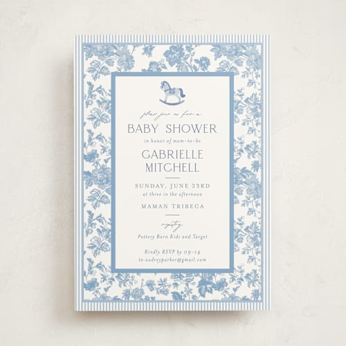 This is a powder baby shower invitations with standard by Jenna Holcomb called rocking horse baby printing on signature in standard