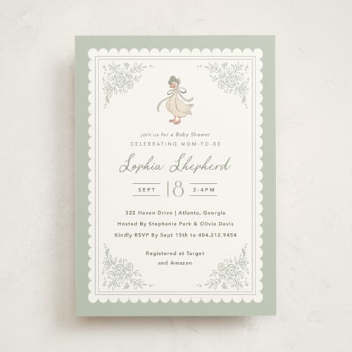 This is a sage baby shower invitations with standard by Kristen Smith called story book frame printing on signature in standard