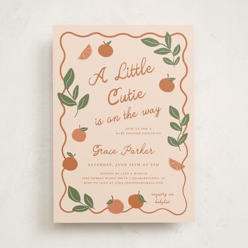 This is a peach baby shower invitations with standard by Kelly Watkins called a little cutie printing on signature in standard