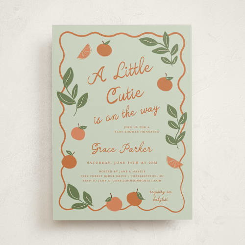 This is a honeydew baby shower invitations with standard by Kelly Watkins called a little cutie printing on signature in standard