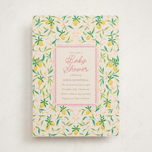 This is a flamingo baby shower invitations with standard by Jackie Crawford called petit lemon printing on signature in standard